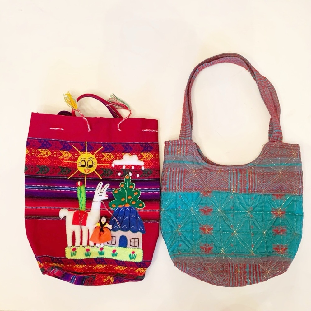 Colorful Handmade Embroidered Cloth Bags Set of Two Embroidered Quilted